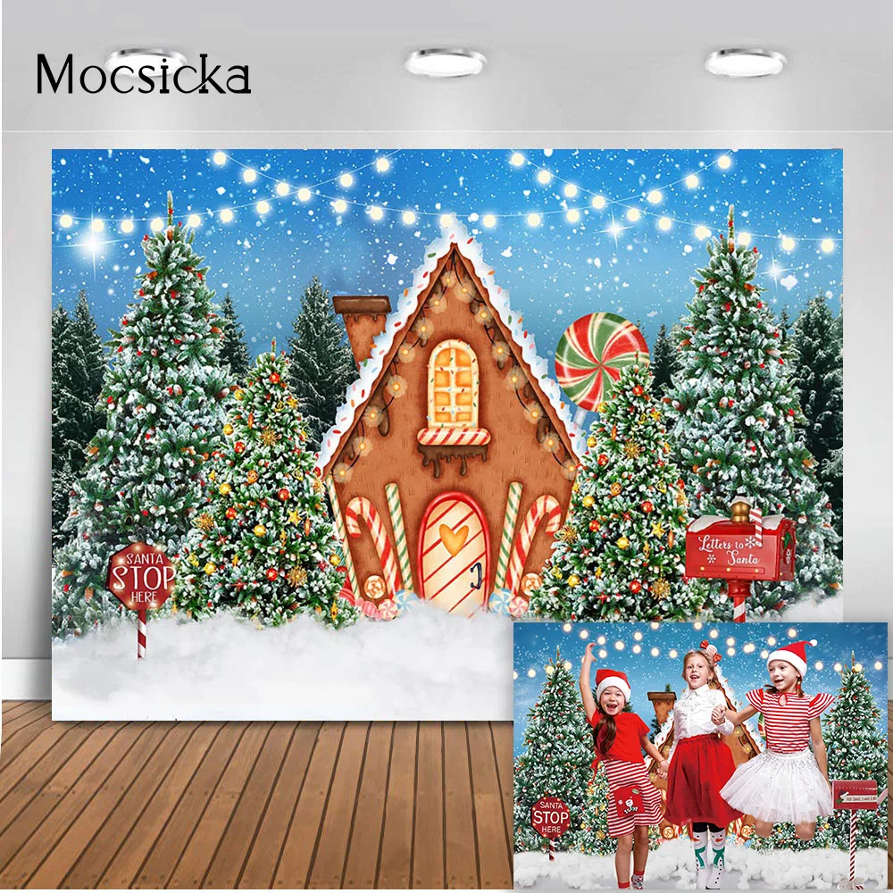 Fondo de Casa de pan de jengibre para fotografía de navidad, regalos de árbol de pino, ciervo, recién nacido, retrato de niños, fantasía, Candyland