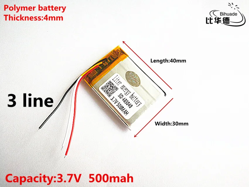 10pcs/lot 3 line Good Qulity 3.7V,500mAH,403040 Polymer lithium ion / Li-ion battery for TOY,POWER BANK,GPS,mp3,mp