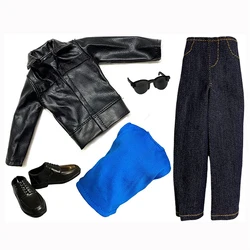 One Set of Black Jacket Jeans Outfits Set for 1/6 Ken Doll Clothes with Glasses Accessories Dollhouse Role Play