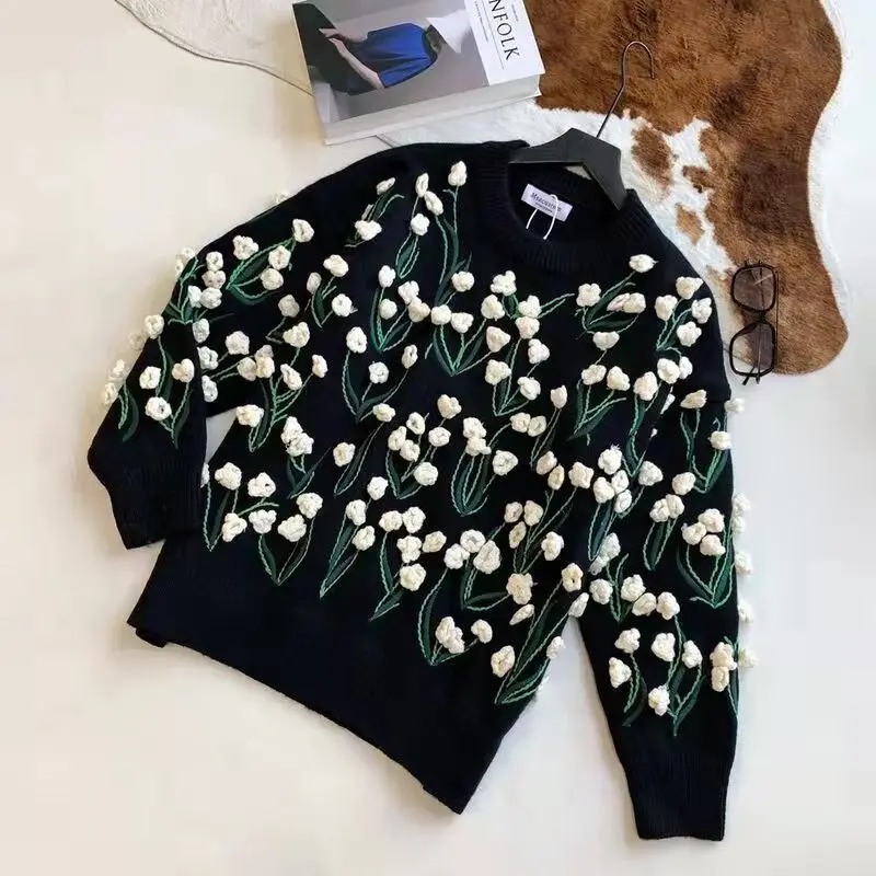 Woman's Sweater Lady Flower Textural Floral Handmade Embroidery Stitchwork Knit O-Neck Vintage Soft Ins Elegant Unique Fashion