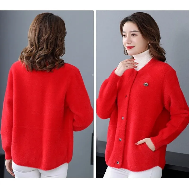 British Style Pure Color Knitted Cardigan Jacket Women Fall/Winter Loose Imitation Mink Fleece Sweater Short Coat Lady Clothing