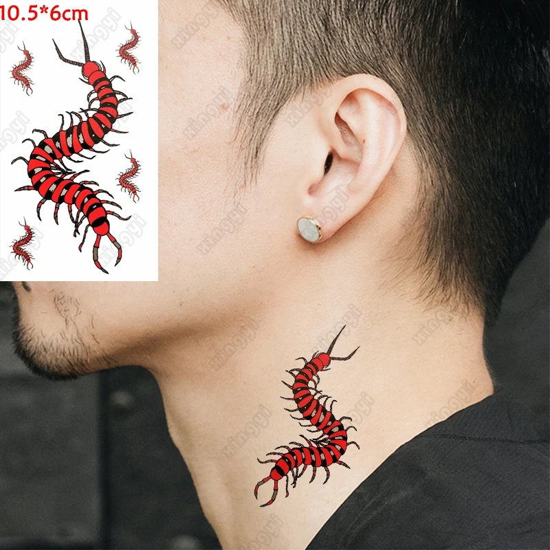 Autocollant de Tatouage Temporaire imperméable à l'eau Rouge 3d Mille-pattes Araignée Serpent Art Corporel Cou Poignet Flash Tatoo Faux Tatouage pour Hommes Femmes