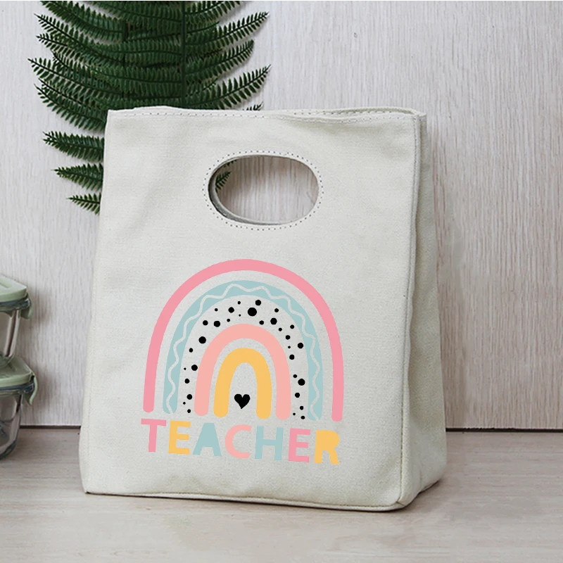 Rainbow Teacher Print Portable Lunch Box Bags Thermal Insulated Bento Tote Office School Food Cooler Storage Pouch Teacher Gifts