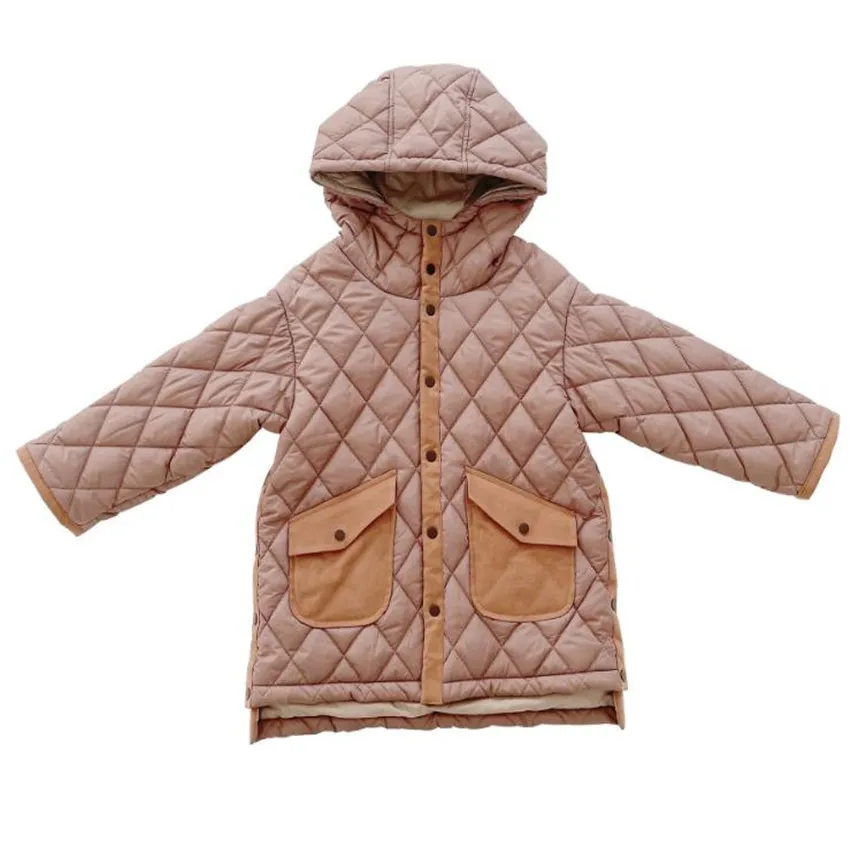 

Baby girl autumn winter fashion hooded padded coat kids zipper long lattice stitiching warm outwear