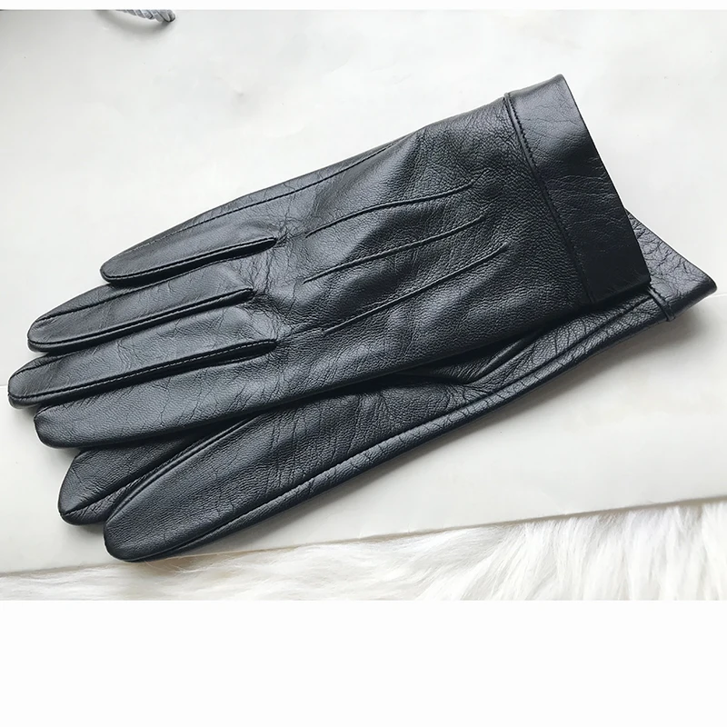 Unlined Gloves Wrist Button Sheep Leather Touch Screen Winter Gloves For Men Black Thin Lining Genuine Leather