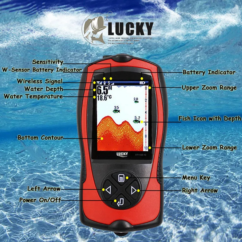 LUCKY Rechargeable Fish Finder Wireless FF1108-1CWLA Sonar Sensor Deeper Fishfinder 147 Feet Water Depth Echo Sounder Fishing