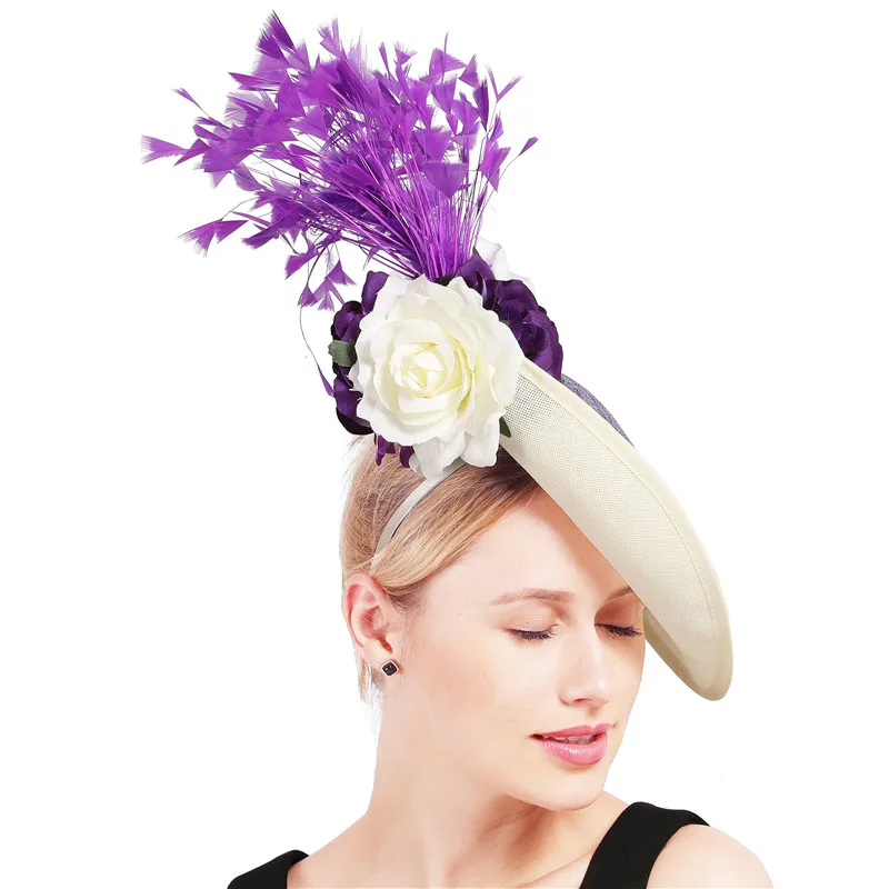 Ivory Fascinator Hats With Purple Feather And Flower Headdress Gorgeous Big Kenducky Flower Chapeau Aaps Ladies Women Millinery