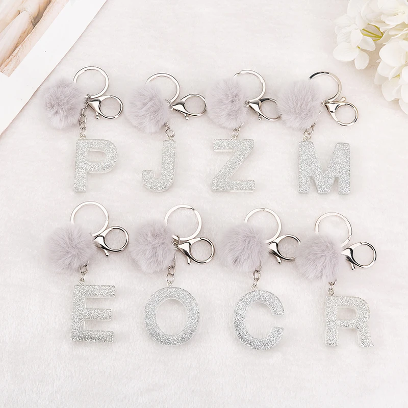 1PC Keyring Silver Color English Letter Keychain with Puffer Ball  26 English word Glitter Resin A TO Q Handbag Charms for Woman