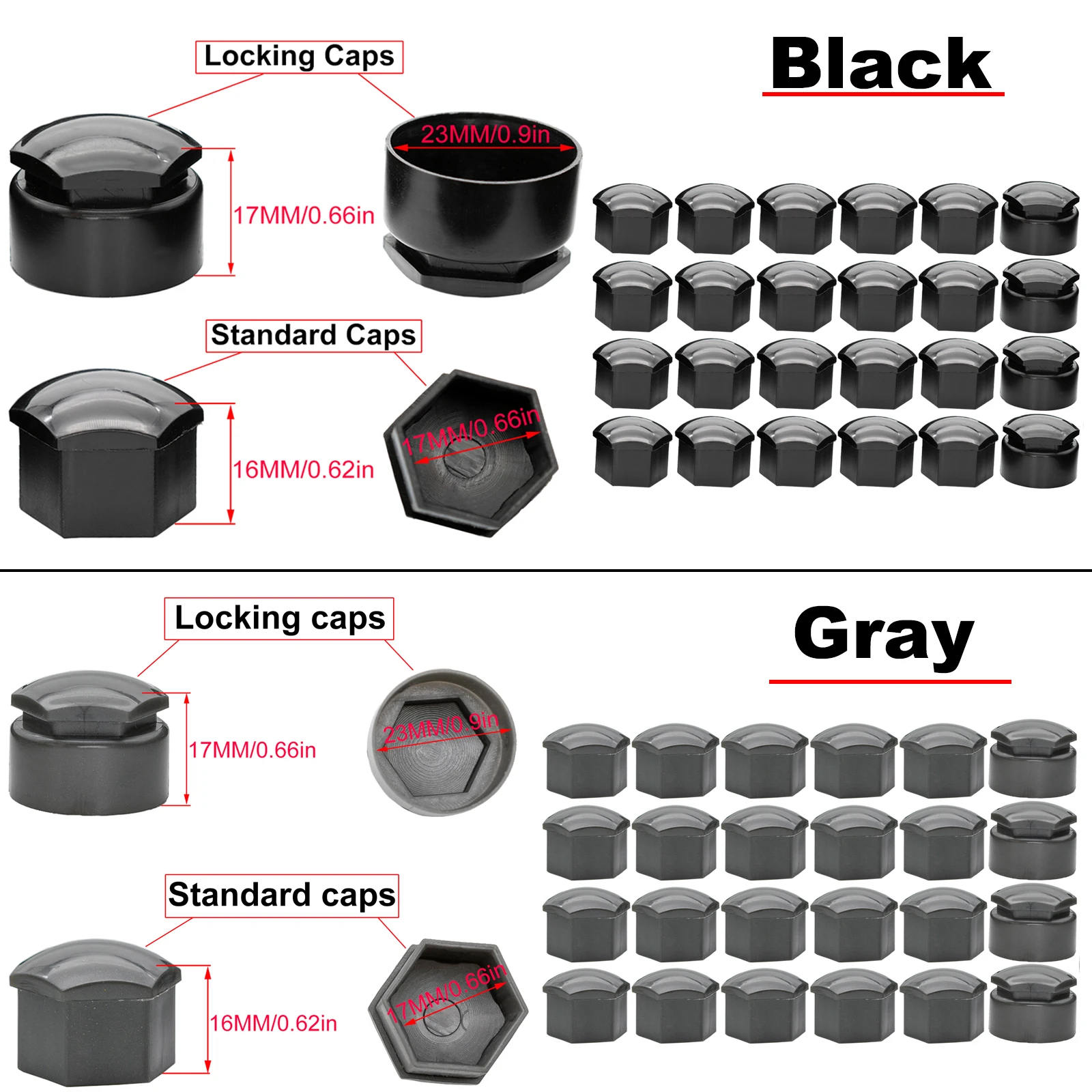 24pcs Gray Black Wheel Nut Bolt Tire Screw Cap Dust Water Proof Cover With Tool 17MM Universal For Nissan Fiat Mazda Subaru Audi