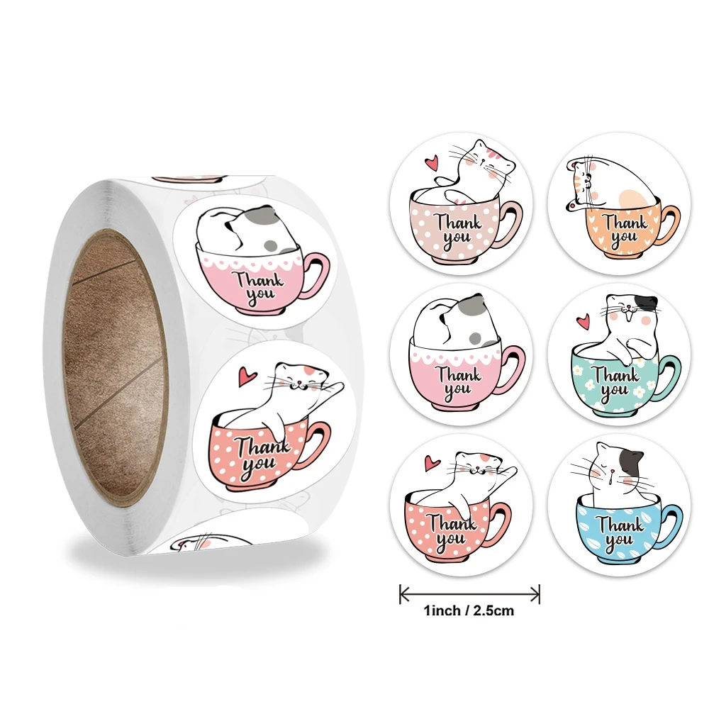 

500pcs 1 Inch Cute Cat in Cup Thank You Stickers Party Invite Card Decorative Seal Label Tag 8 Designs Business Wedding Favor