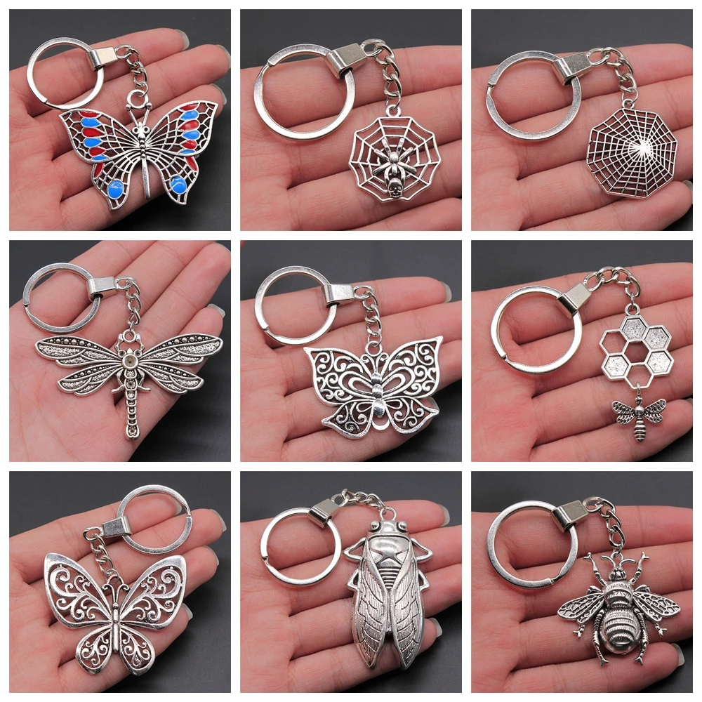 New Fashion Keychain Butterfly Dragonfly Bee Cicada Spider Pendants DIY Men Jewelry Key Chain Ring Holder Souvenir Gift