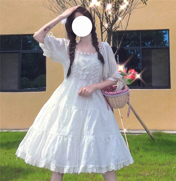 Lolita lolita täglichen fee weiß blase hülse hohe taille elegante kleid fee sommer prinzessin viktorianischen kleid kawaii mädchen cos