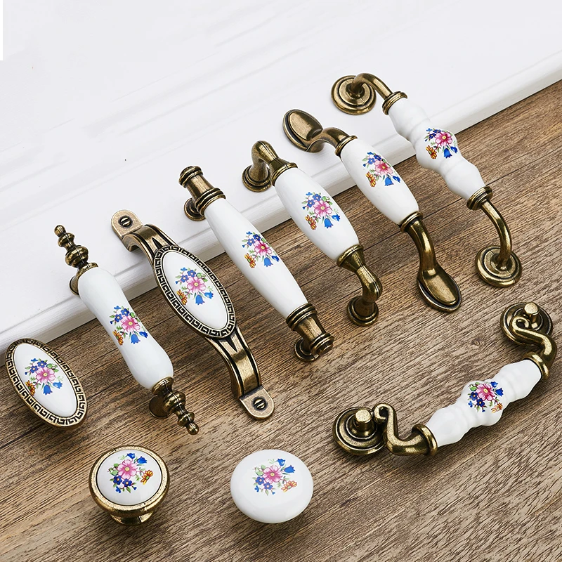 Antique Bronze Ceramic Cabinet Handles Zinc Alloy Drawer Knobs Wardrobe Door Handles Morning Glory European Furniture Handle