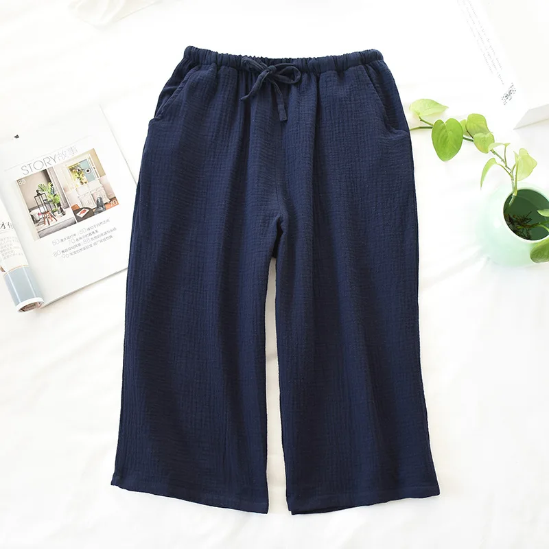 Men\'s Pajama Trousers Summer Cropped Pants Cotton Crepe Solid Color Plus Size Pajama Pants Mens See Through Sleepwear