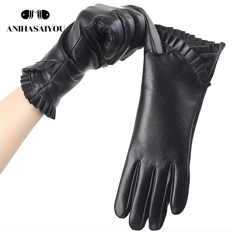 Fashion Black sheepskin women\'s gloves,Thicken women\'s winter gloves,Keep warm women\'s leather gloves-7027