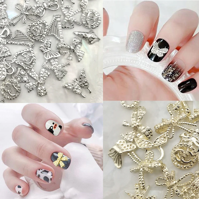 50Pcs/Lots Mix Butterfly Brand Design Nail Charms Decorations,Gold&Silver Metal Nail Charms Manicure Jewelry#JE2