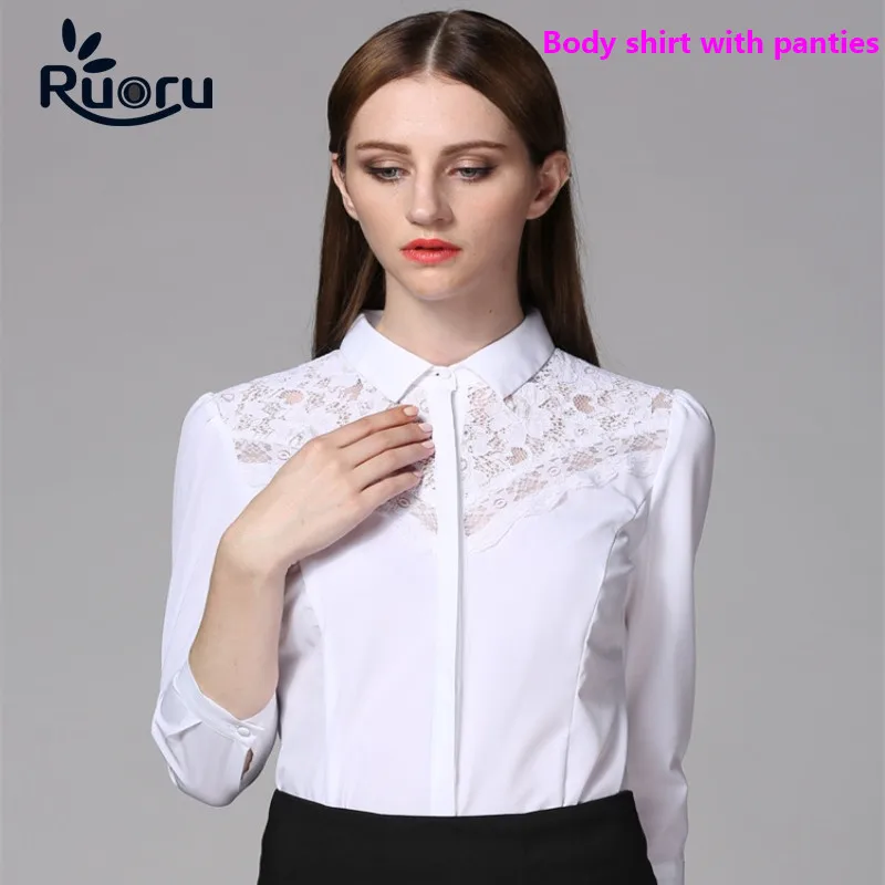 

Ruoru Slim Women's Body Suit Three Quarter Chiffon Body Blouse Lace White Blouse Black Lace Tops Body Blusas Embroidery Blouse