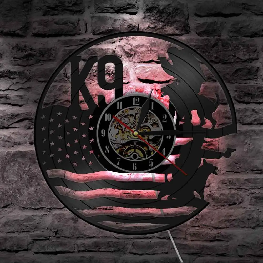 K9 Police And Military Dog With American Flag Wall Art Decoraitve Night Light Laser Cut Vinyl Record Wall Clocks Home Decor