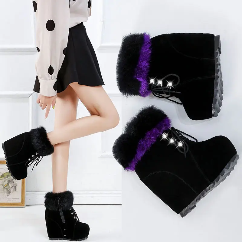 Winter Women\'s Platform Winter Boots Thick-soled Women Wedge Ankle Boots Inner Increase Warm Plush Female High-heel Boots