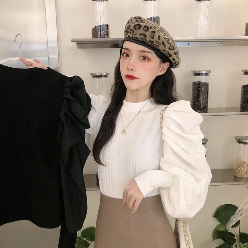 Lucyever Black White Women\'s Knitted Blouses Fashion Patchwork Puff Sleeve Slim Fit Shirt Tops Korean Chic Women Clothing Blouse