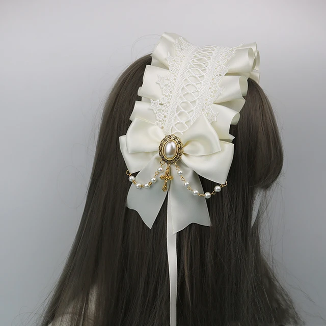 Lolita pokojówka nakrycie głowy gotycki ciemny anioł krzyż koronkowa opaska z kokardą słodka opaska na głowę Cosplay Anime akcesoria do włosów
