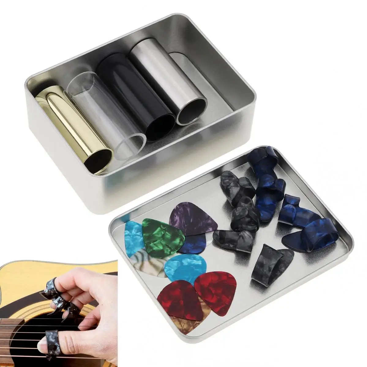 

Guitar Slide Picks Kit Stainless Steel Slides Thumb Finger Celluloid Ukulele Guitar Picks with Box