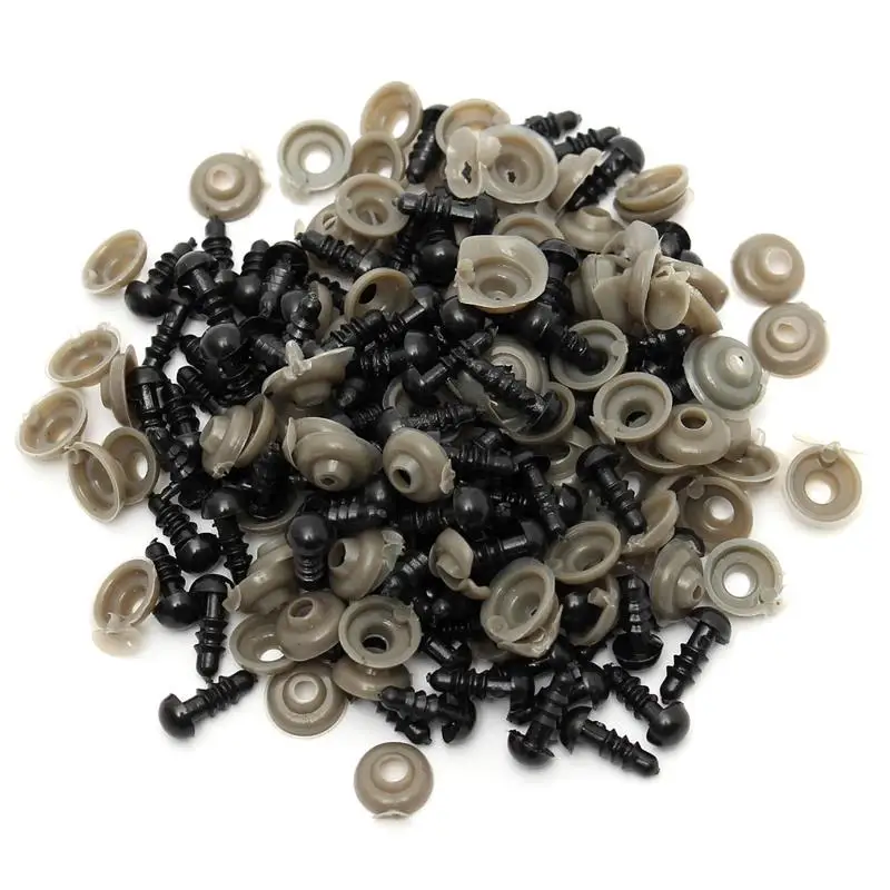 Ojos de seguridad de plástico negro para muñecas, Ojos de piezas para juguetes de 6mm, 8mm, 9mm, 10mm, 12mm y 14mm, 100