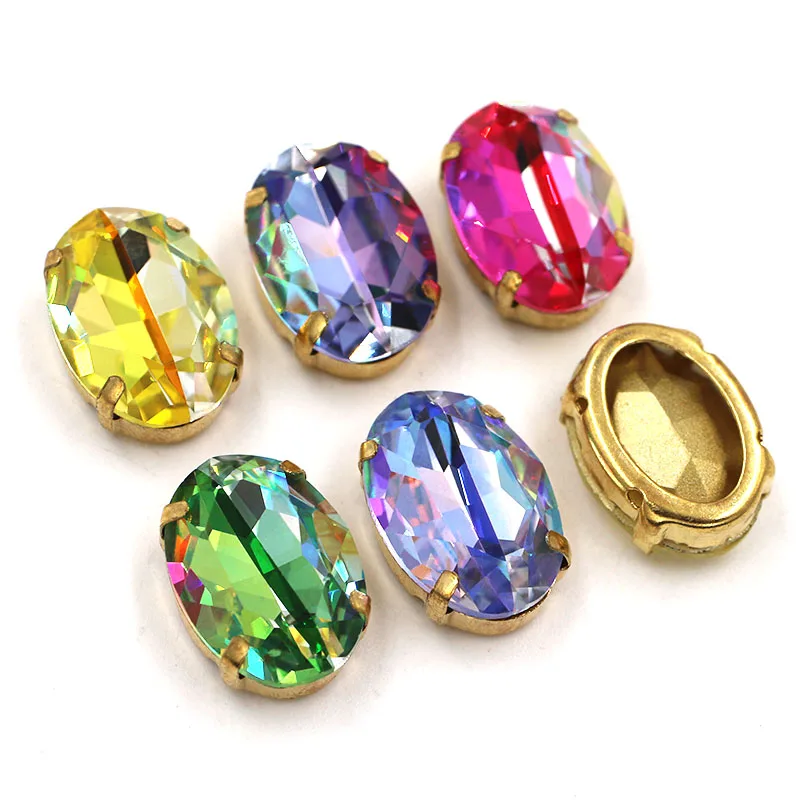 High Quality Glass Crystal Stones Oval Shape Golden Claw Setting Laser Rhinestones Sew On Shoes/Bags/Clothing Accessories