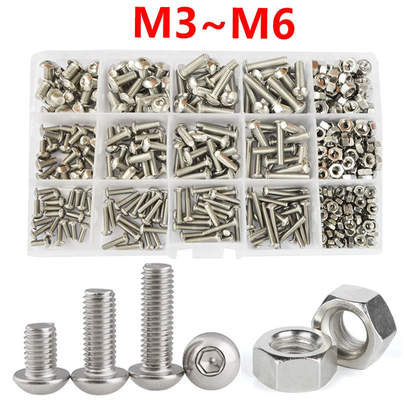 M2 M3 M4 M5 M6 Machine Hex Schroef Set Bouten En Moeren 304 Rvs Inbus Ronde Hoofd moer Assortiment Kit