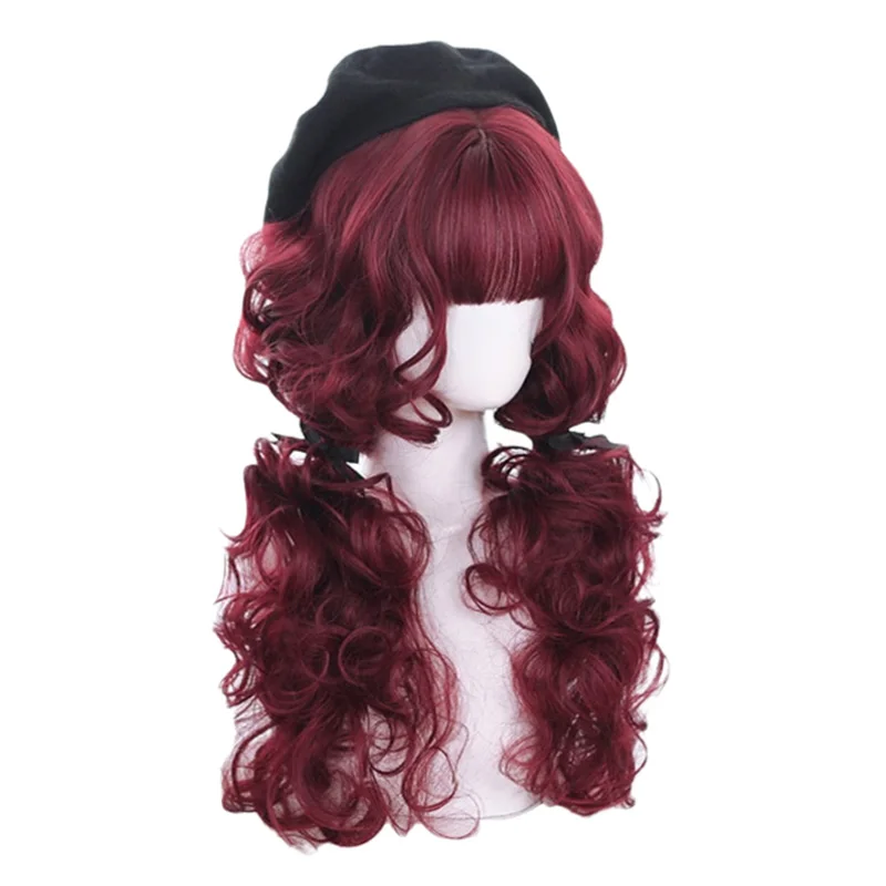 L-email wig Synthetic Hair Wine Red Lolita Wigs Medium Long Curly Bangs Retro Harajuku Daily Lolita Wig Party Heat Resistant Wig