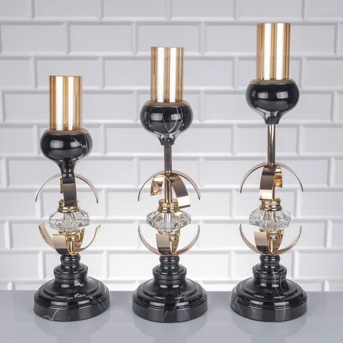 Marrlife Marble Pattern Crystal Gemstone Clamp Candlestick 3'lü Set