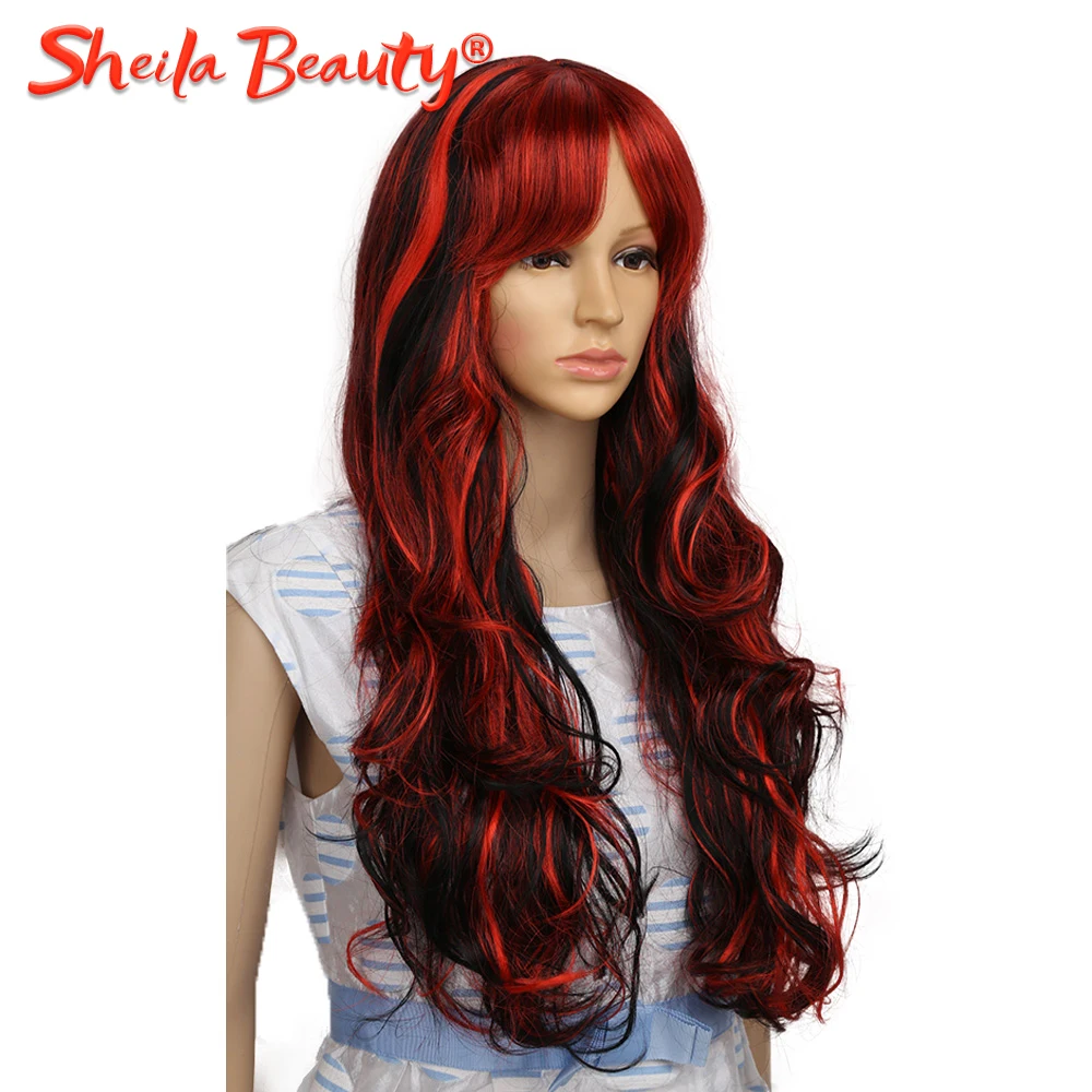 Synthetic Wigs With Bangs Long Ombre Wigs Cosplay Body Wave For Women Black Red Daily Party Wig High Temperature Fiber