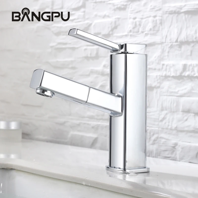 BANGPU Bathroom Basin Faucet Pull Out Sink Faucet 1 Hole Bathroom Faucet Single Handle Sink Tap Bathroom Tap Deck Mounted Chrome