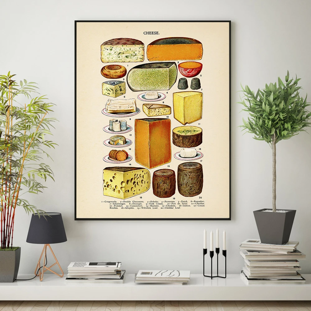 Antique Cheese Chart Wall Art Print Canvas Vintage Kitchen Decor Poster Types Of Cheese Picture Dining Room Decorative Painting