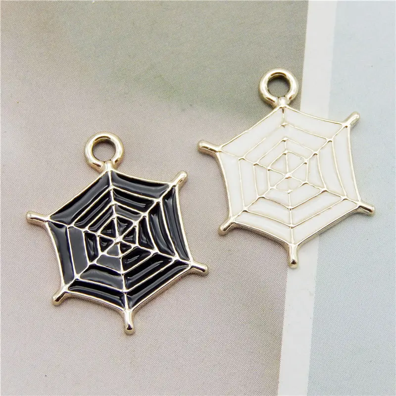 Julie Wang 6PCS Enamel Spider Web Charms Black White Cartoon Halloween Cobweb Pendants Alloy Jewelry Making Accessory