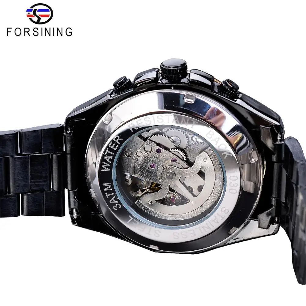 Forsining Black Steel Steampunk Sport Military Skeleton Mens Wrist Watches Automatic Top Brand Luxury Male Clock Mechanical Hour