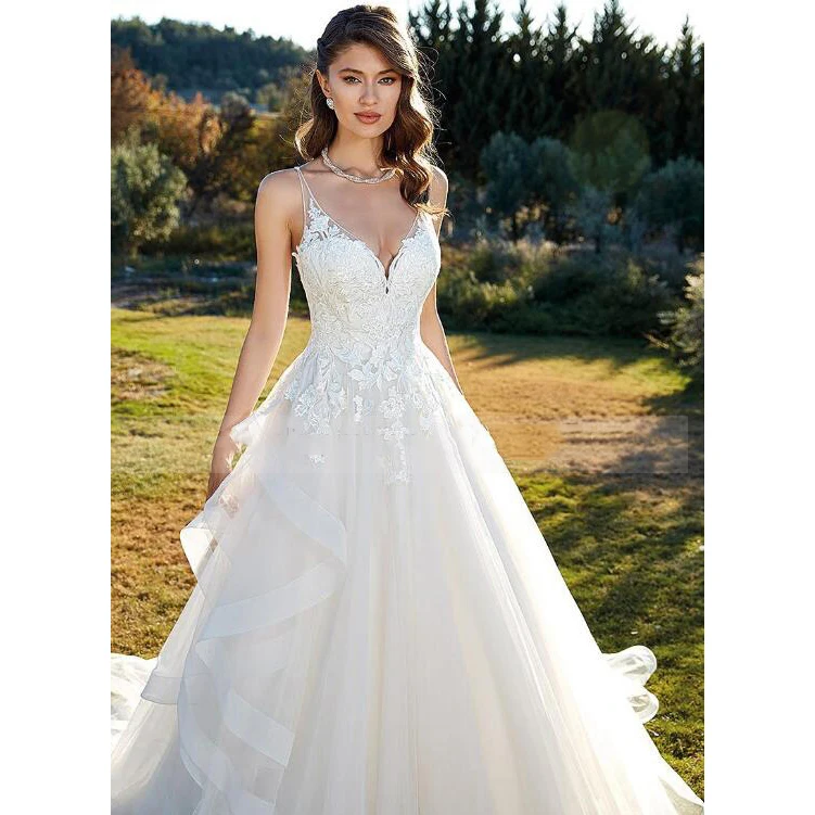 Vestido de novia de línea a con apliques de encaje de capa de cuello en V con tirantes finos con cuentas, vestido de tren de corte