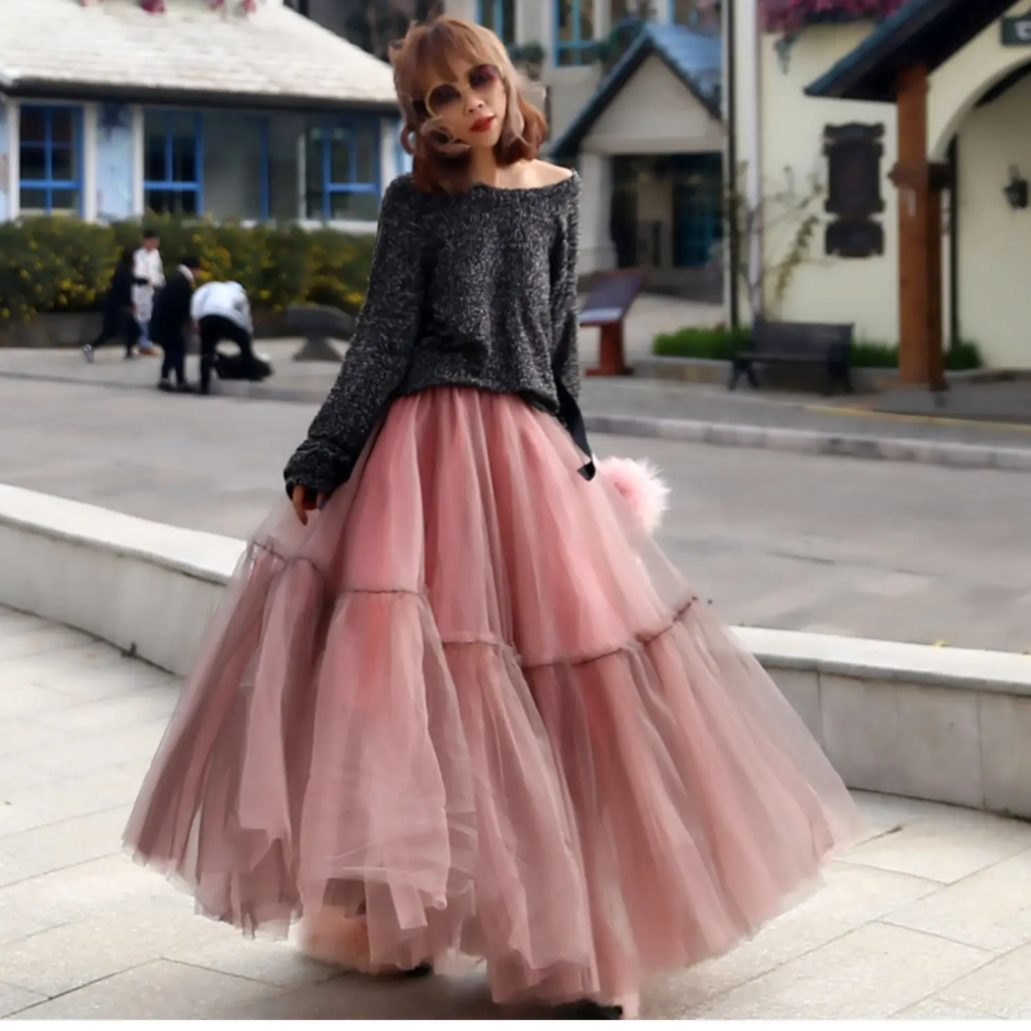 Winter Vintage Gothic Pleated Long Tulle Skirt Tutu Femme High Waisted Runway Mesh Long Skirts Korean Fashion Clothing Q661