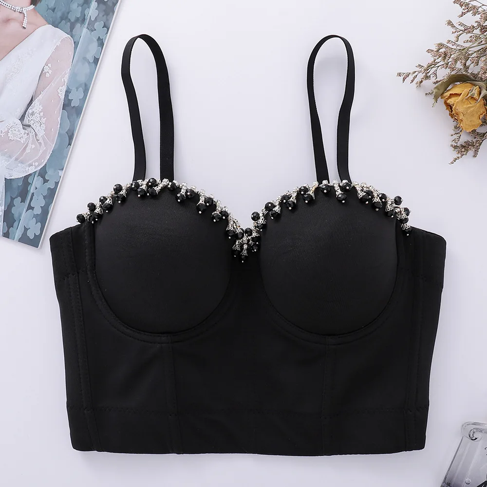 

Cupnaya Rhinestones Sew Women Crop Top Sexy Summer Push Up Bustier Camgirl Corset Inside Camisole Dance Tank Vest Black White