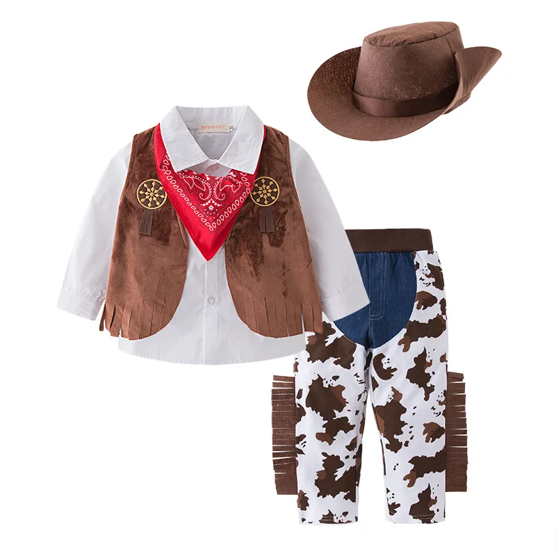 תחפושת לת Baby boy Kids Toddlers Halloween costume cowboy 5-pc suit purim event Holiday outfits Hat Scarf Shirt waist coat Pants