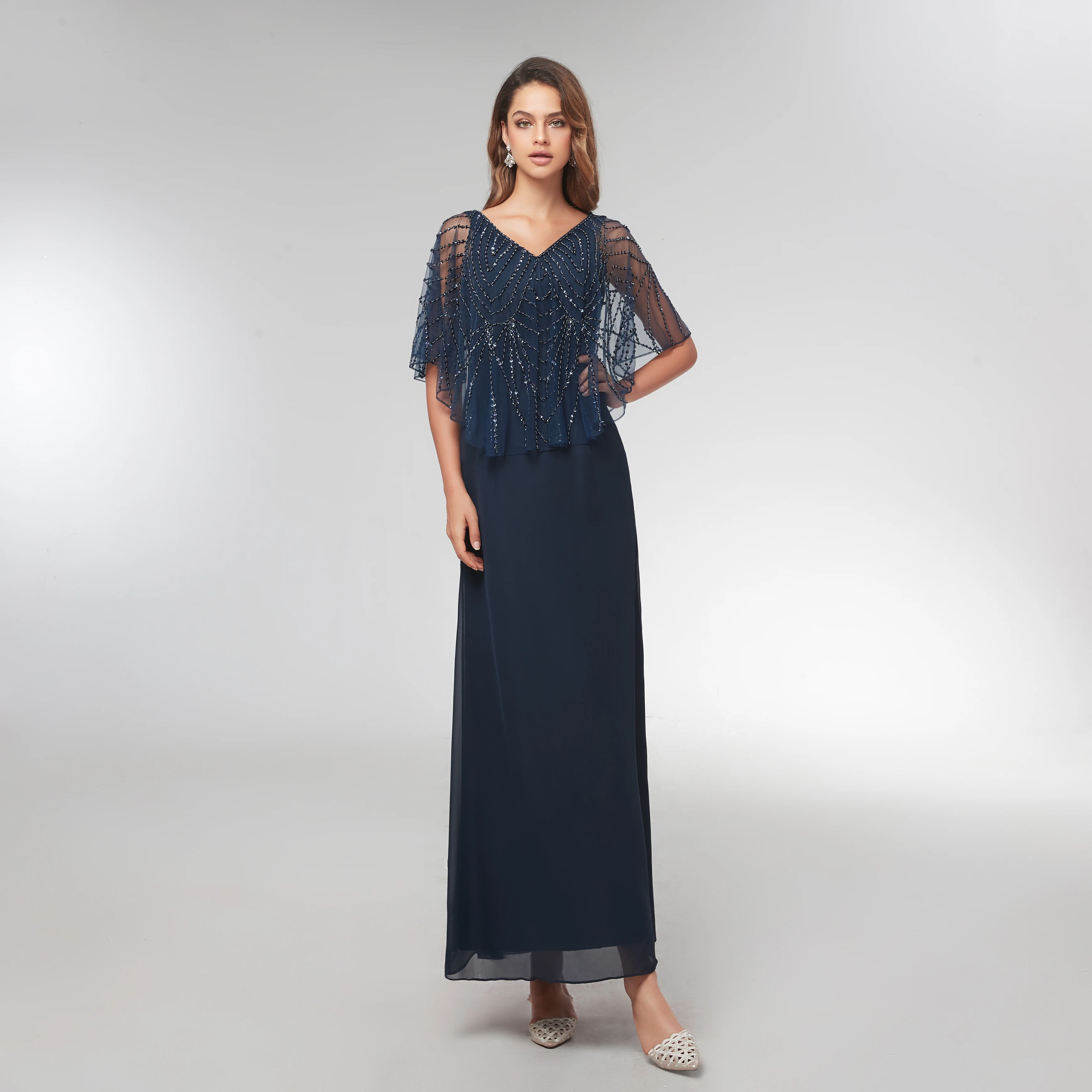 2021ชีฟองชุดเจ้าสาว Elegant Dark Navy V คอ A-Line ชุดราตรีชุดราตรีชุดแม่ของเจ้าบ่าวชุด