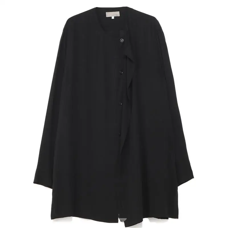 الربيع والخريف الرجال الحرير الاصطناعي الياقة المستديرة اليسار كاذبة طبقتين من التصميم غير النظامية نقية فضفاضة معطف طويل الأكمام