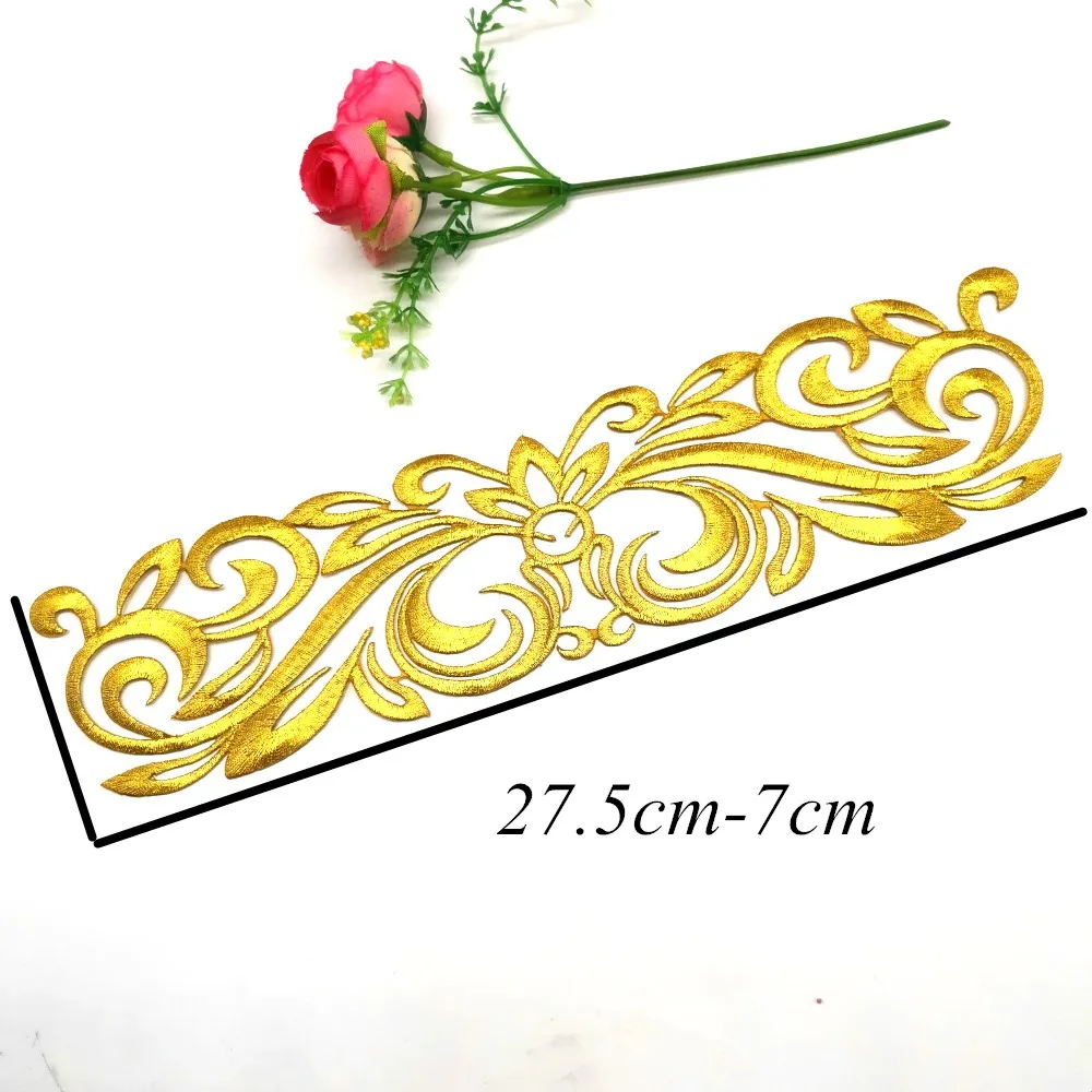 1 Piece Gold Embroidered Patches Iron On Flower Appliques For Garment Diy Trims Shiny Metallic Golden Accessories 27.5*7cm
