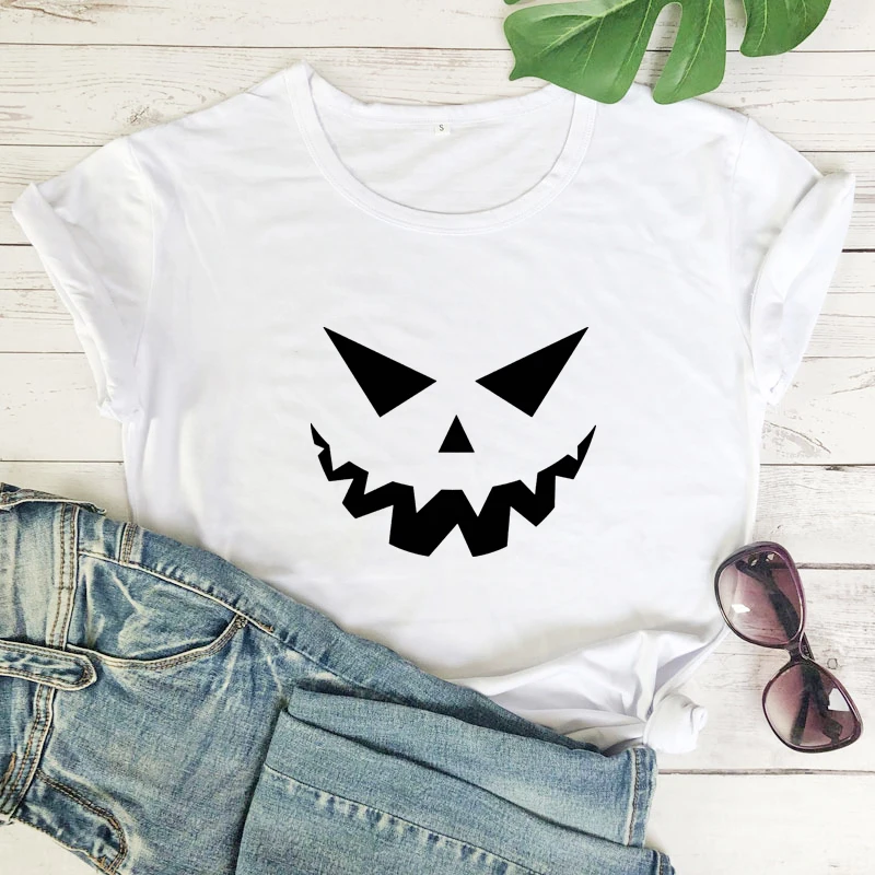 Scary Pumpkin Face T-shirt Funny Unisex Halloween Party Gift Tshirt Autumn Women Short Sleeve Creepy Holiday Graphic Tees Tops