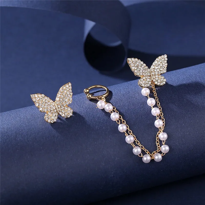 Eleganckie asymetryczne Rhinestone Butterfly Drop kolczyki dla kobiet dziewczynki śliczne modne perły kolczyki z łańcuszka koreańska biżuteria