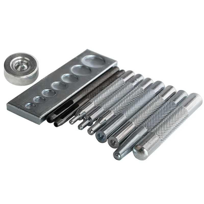 11 Pcs DIY Leather Craft Tool Set Die Punch Rivet Mounting Tool Base for Punching and Mounting Rivet Button Leather Crafts