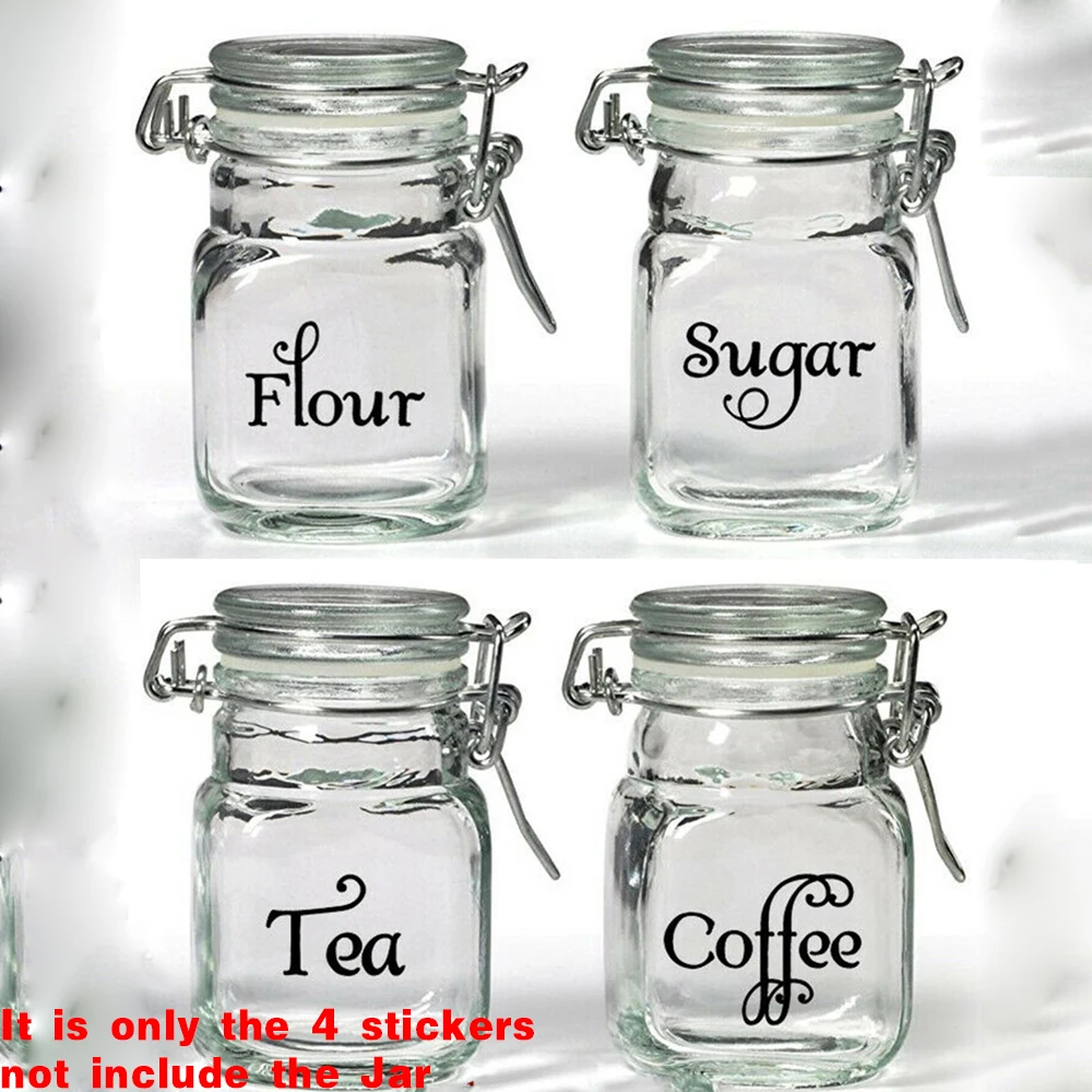 Set of 4 Jar Canister Labels Vinyl Stickers Decal - Flour Tea Sugar Coffee Kitchen Swash