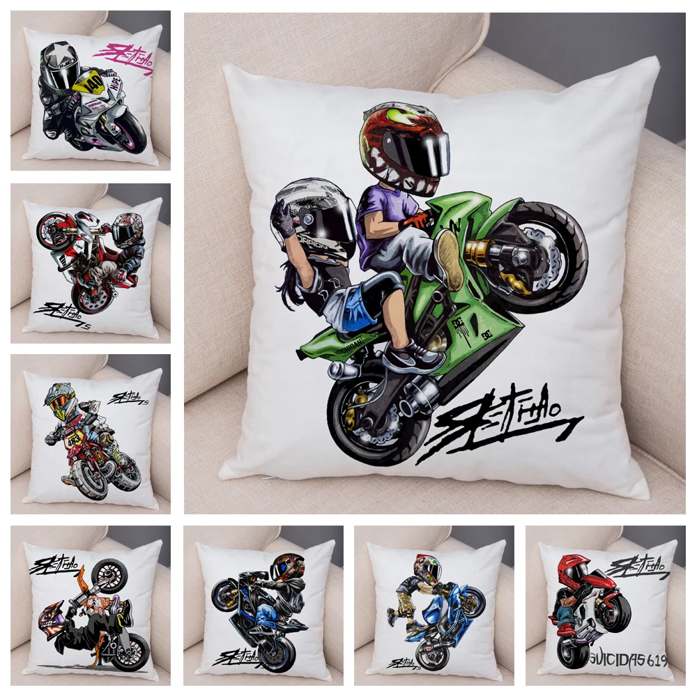 Extreme Sports Motorcycle Cushion Cover Decor Cartoon Mobile Bike Pillowcase Soft Short Plush Pillow Case for Sofa Home Car