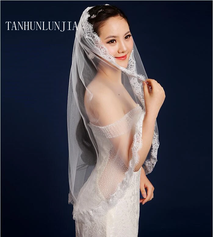 한 레이어 웨딩 베일 레이스 아플리케 Tulle Net 베일 손가락 끝 길이 화이트/아이보리 신부 웨딩 액세서리 베일