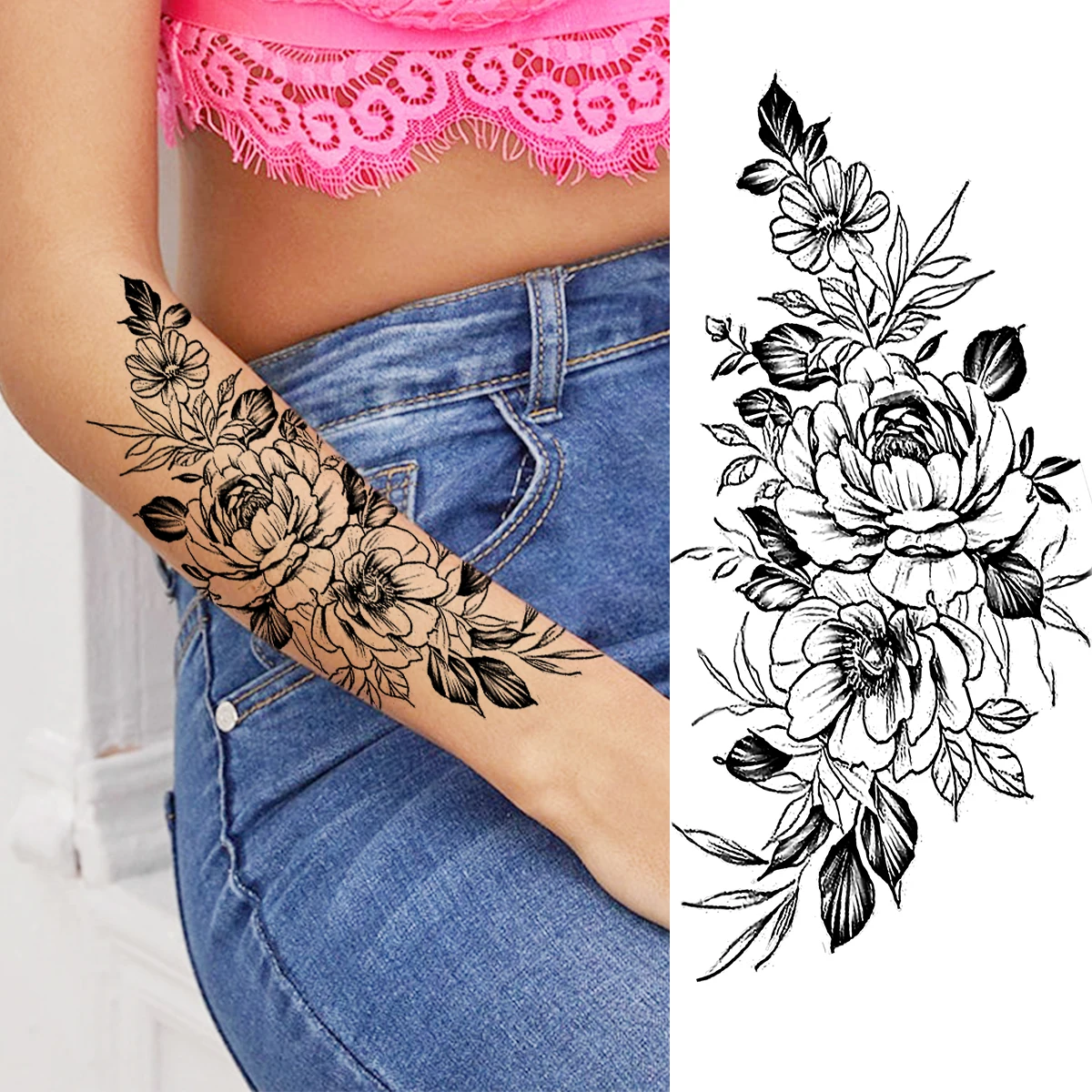 Realistische Rose Blume Temporäre Tattoos Für Frauen Erwachsene Mädchen Pfingstrose Mond Schmetterling Gefälschte Tattoo Body Art Wasserdicht Tatoos Aufkleber